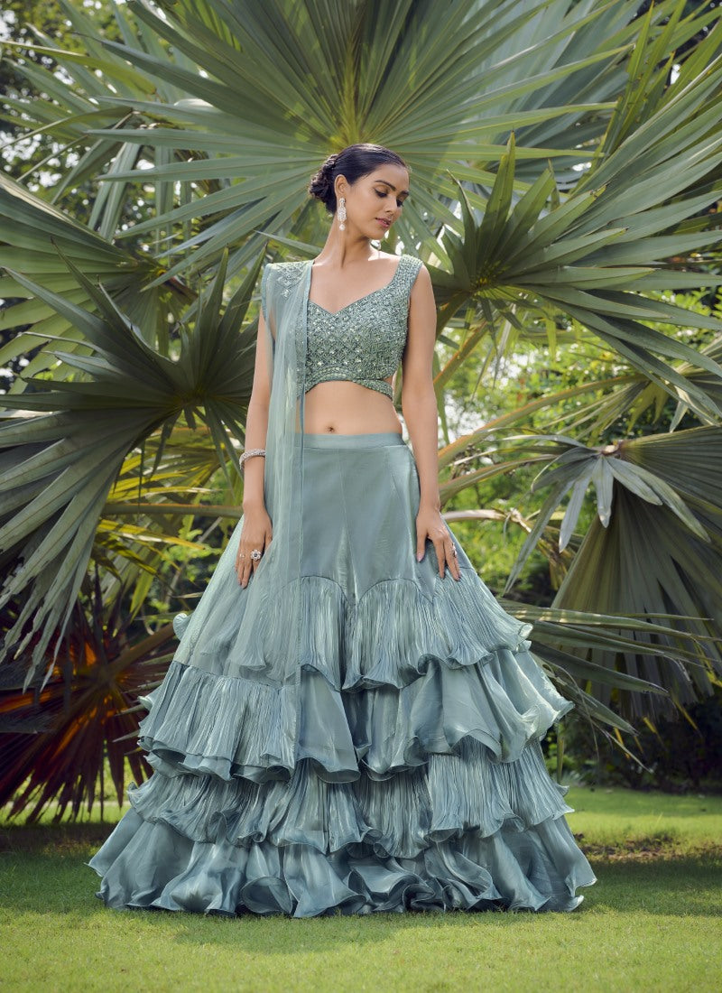 Aqua Blue Silk Designer Crop Top Lehenga Choli