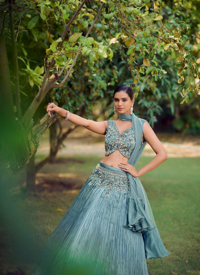 Aqua Blue Silk Designer Crop Top Lehenga Choli-2