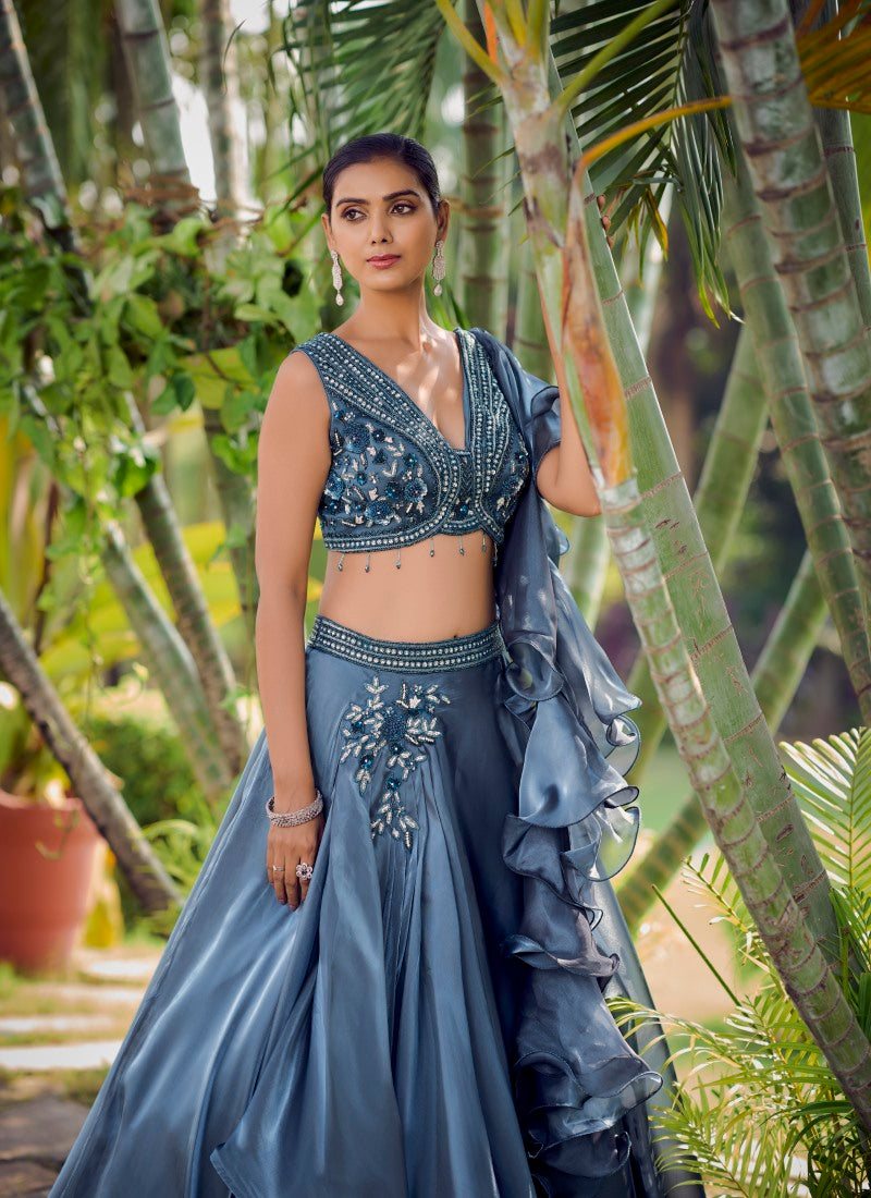 Blue Silk Designer Crop Top Lehenga Choli-2