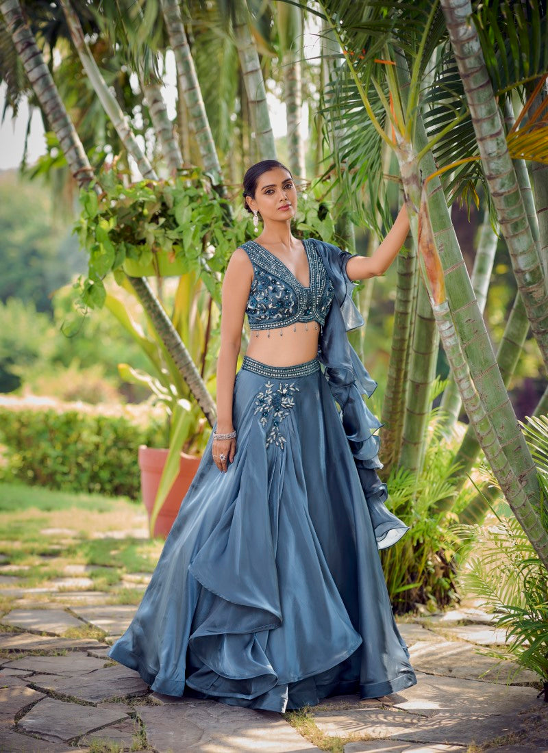 Blue Silk Designer Crop Top Lehenga Choli-2