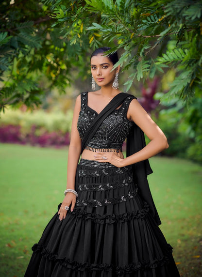 Black Silk Designer Crop Top Lehenga Choli-2