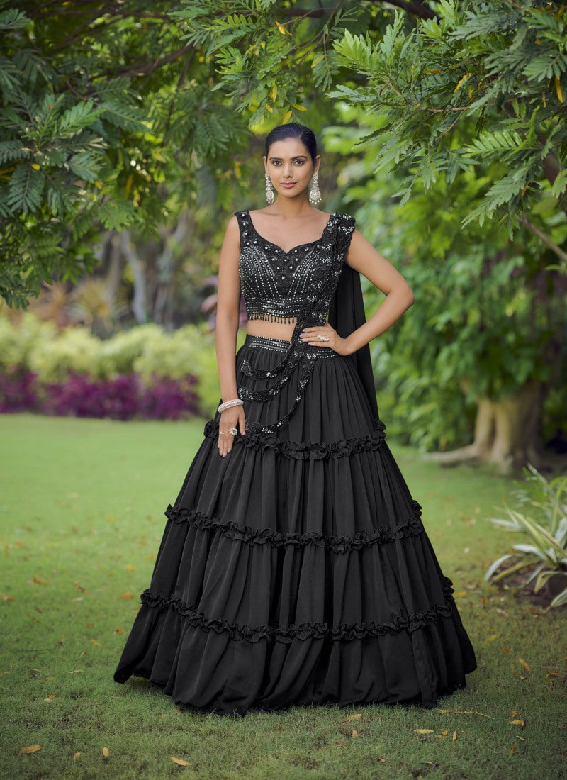 Black Silk Designer Crop Top Lehenga Choli