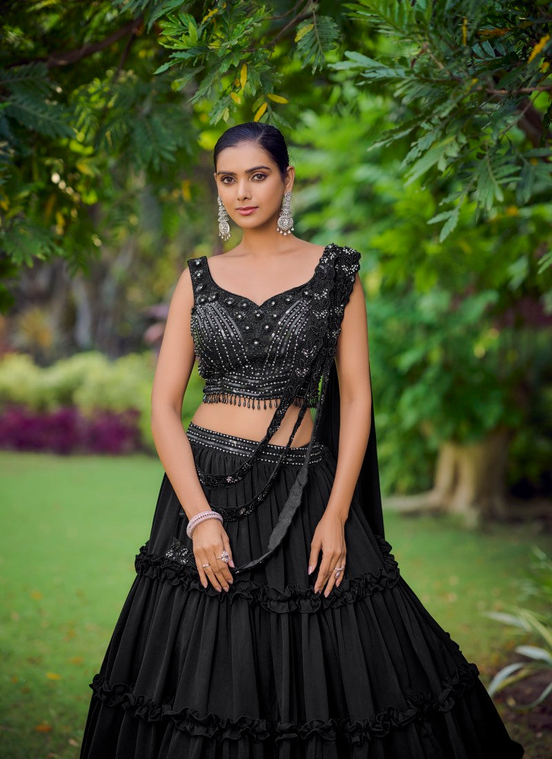 Black Silk Designer Crop Top Lehenga Choli-2