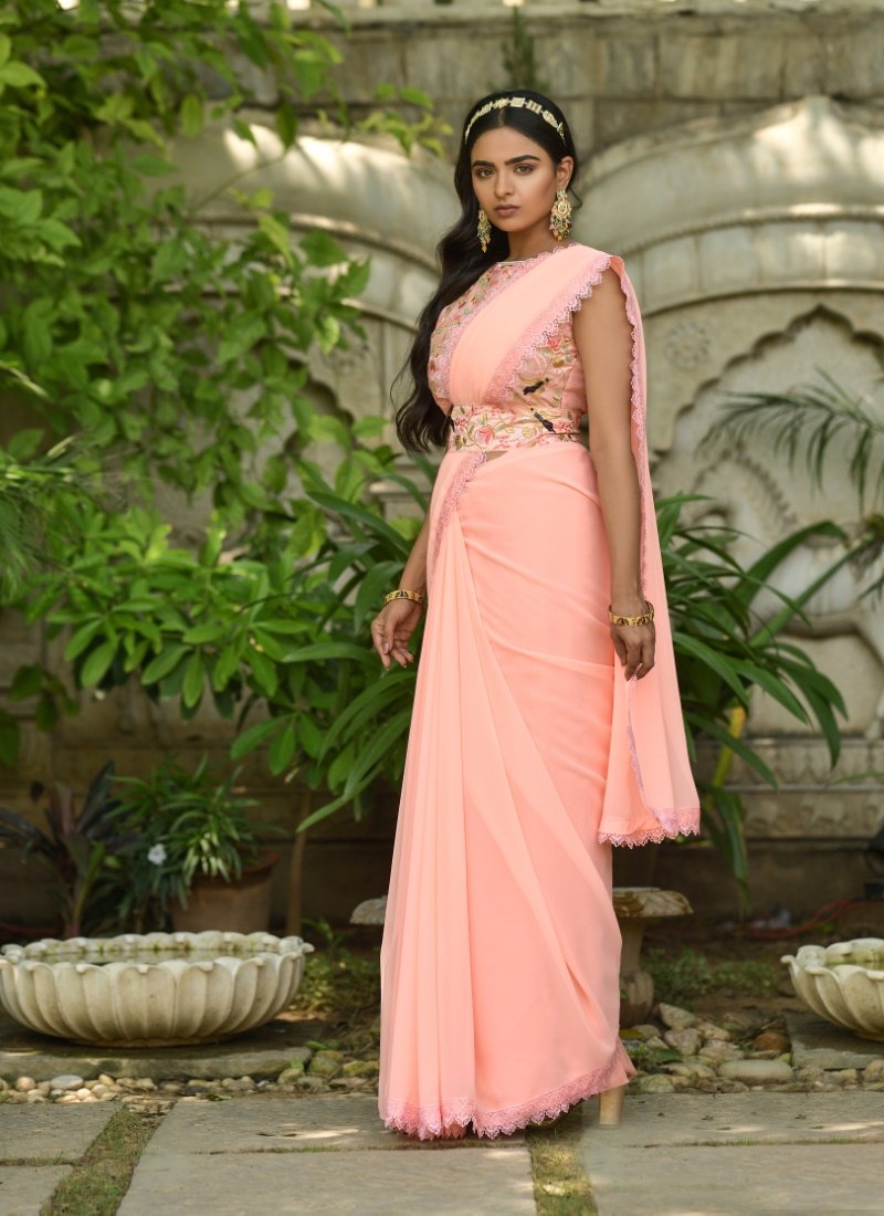 Pink Georgette Embroidered Saree-2