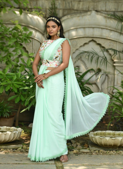 Sea Green Georgette Embroidered Saree