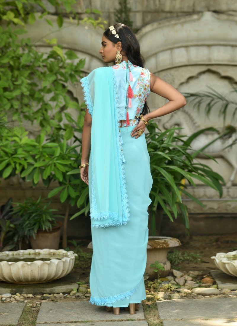 Sky Blue Georgette Embroidered Saree-2