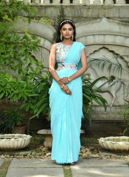 Sky Blue Georgette Embroidered Saree