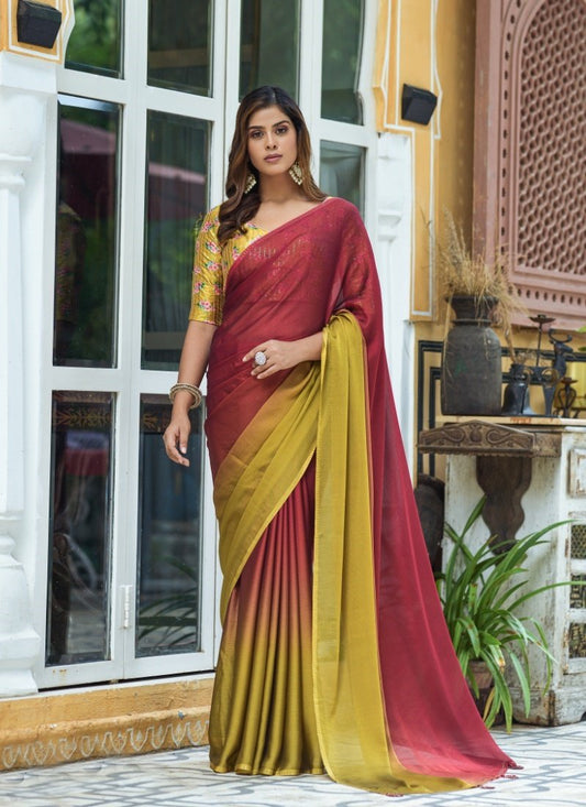 Mustard and Yellow Chiffon Half and Half Saree