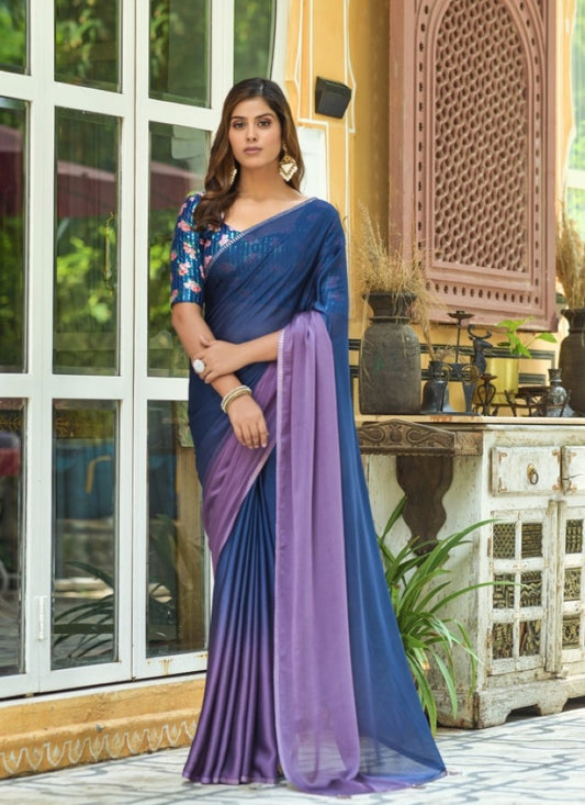 Blue and Purple Chiffon Half and Half Saree