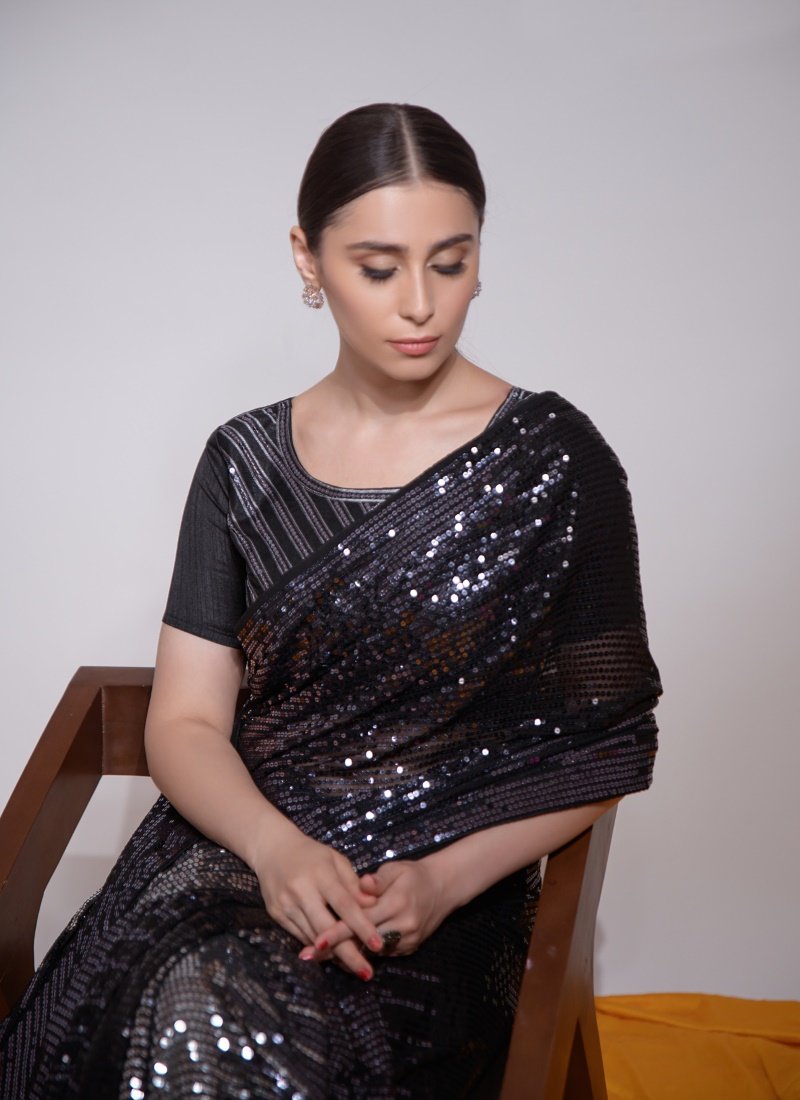 Black Georgette Party Wear Saree With Sequins Work-2