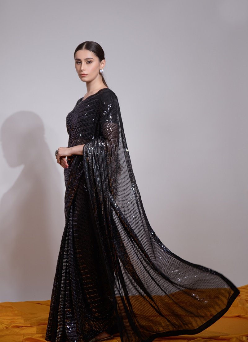 Black Georgette Party Wear Saree With Sequins Work-2