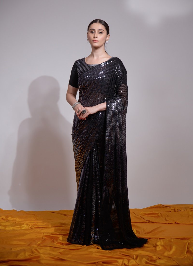 Black Georgette Party Wear Saree With Sequins Work