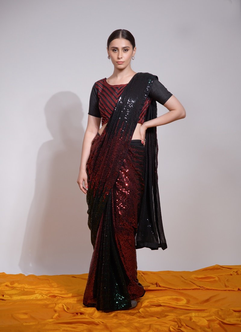 Wine Georgette Party Wear Saree With Sequins Work