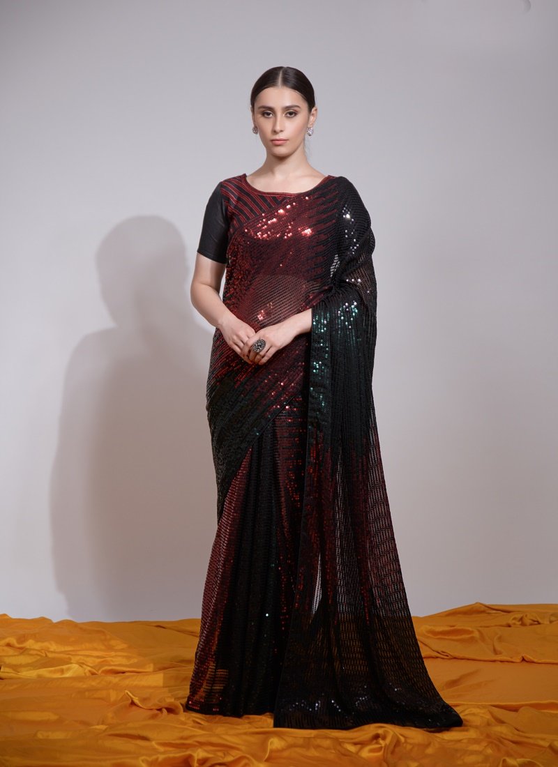 Wine Georgette Party Wear Saree With Sequins Work-2