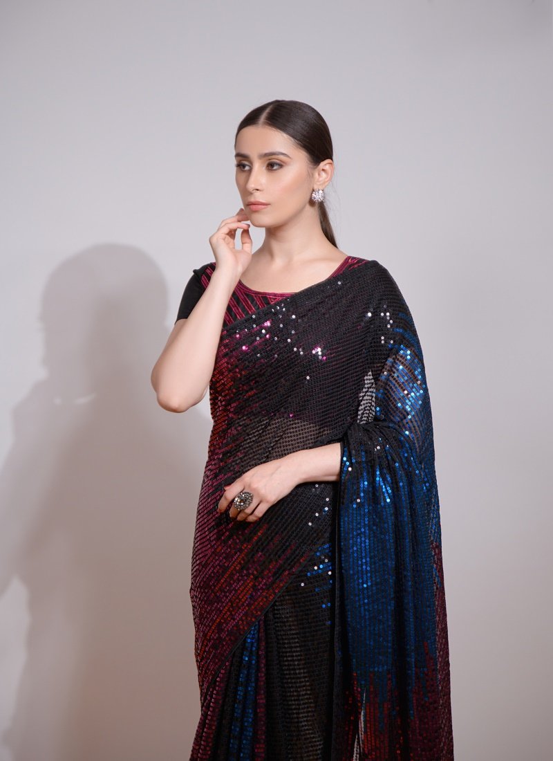 Blue And Wine Georgette Party Wear Saree With Sequins Work-2