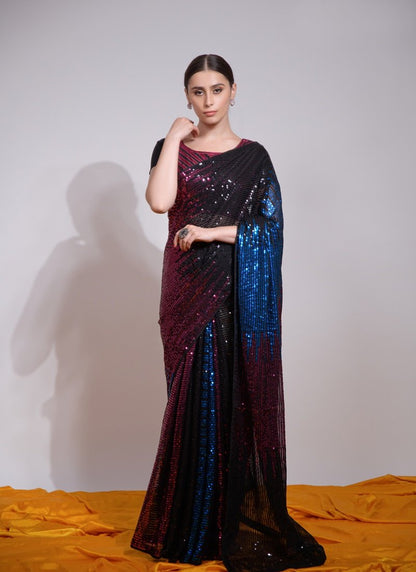 Blue And Wine Georgette Party Wear Saree With Sequins Work-2