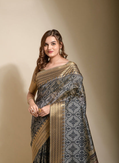 Black Silk Saree With Hand Block Print-2