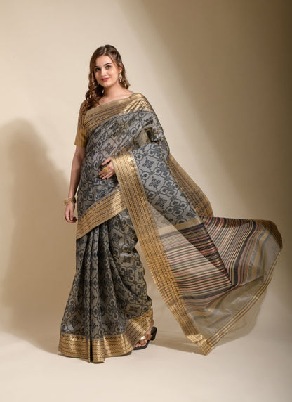 Black Silk Saree With Hand Block Print-2