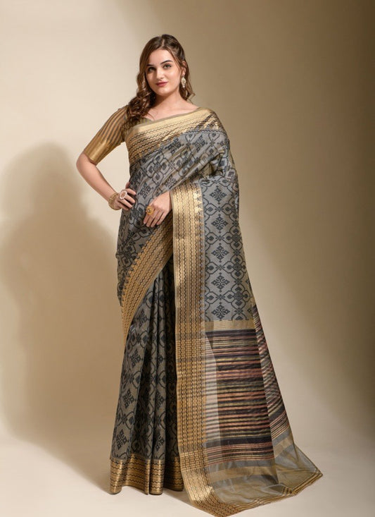 Black Silk Saree With Hand Block Print