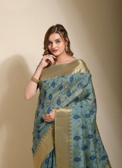 Blue Silk Saree With Hand Block Print-2