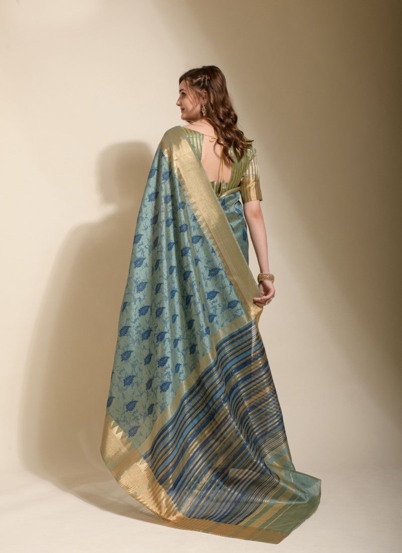 Blue Silk Saree With Hand Block Print-2