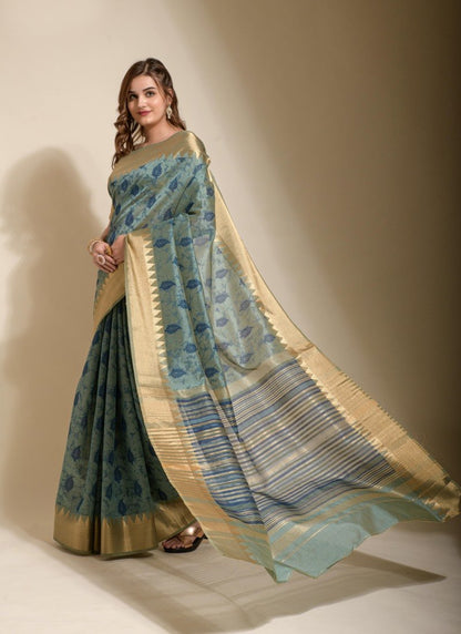 Blue Silk Saree With Hand Block Print-2