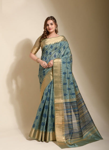 Blue Silk Saree With Hand Block Print