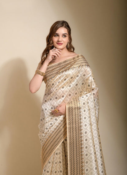 Off White Silk Saree With Hand Block Print-2