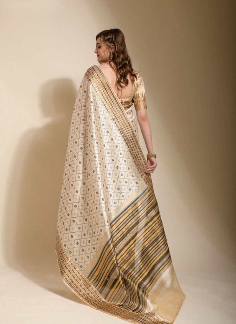 Off White Silk Saree With Hand Block Print-2