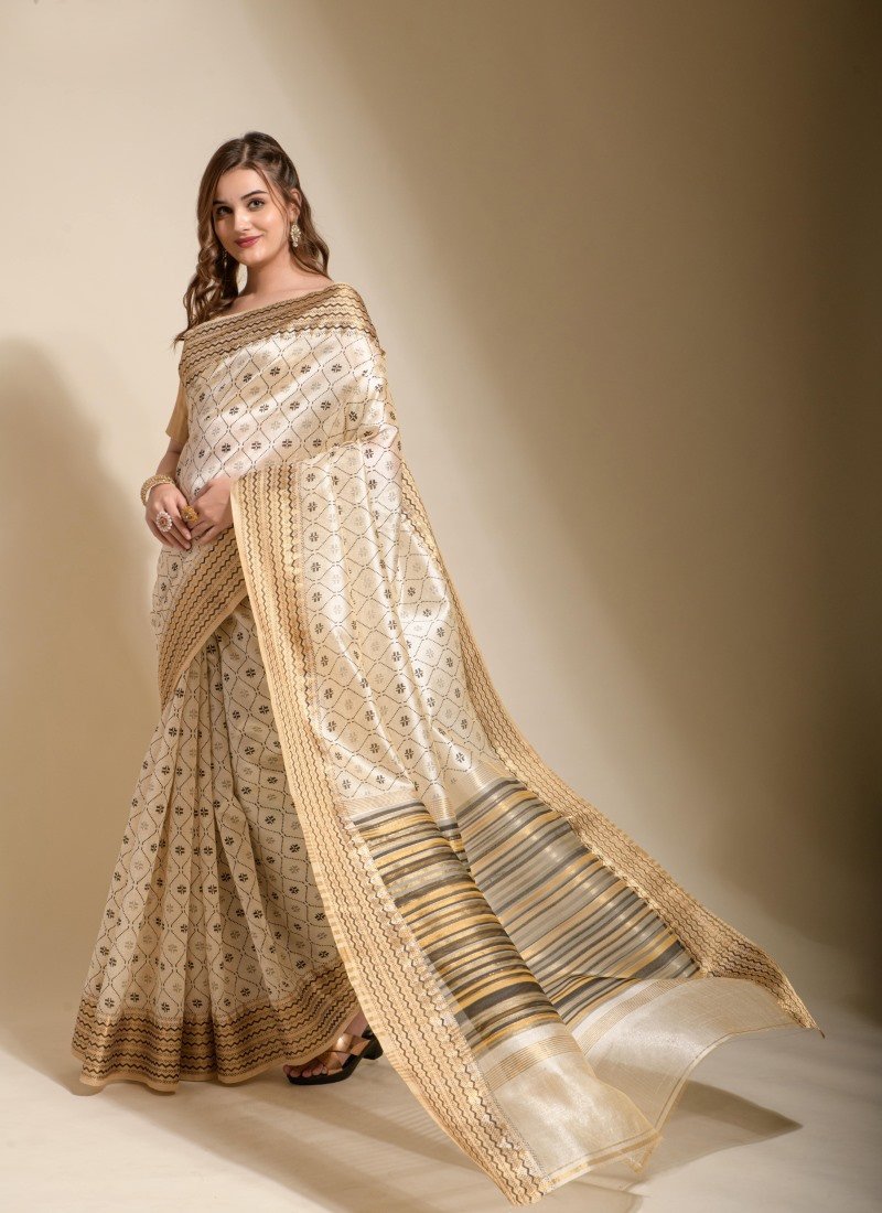 Off White Silk Saree With Hand Block Print