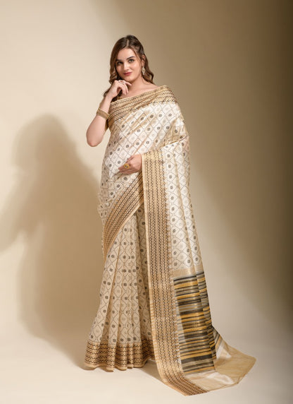 Off White Silk Saree With Hand Block Print-2