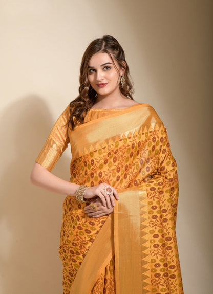 Yellow Silk Saree With Hand Block Print-2