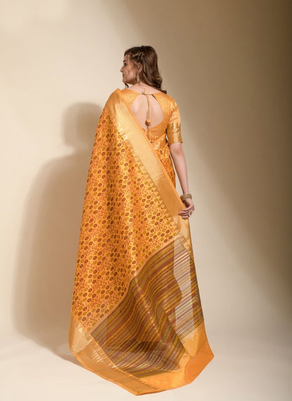 Yellow Silk Saree With Hand Block Print-2