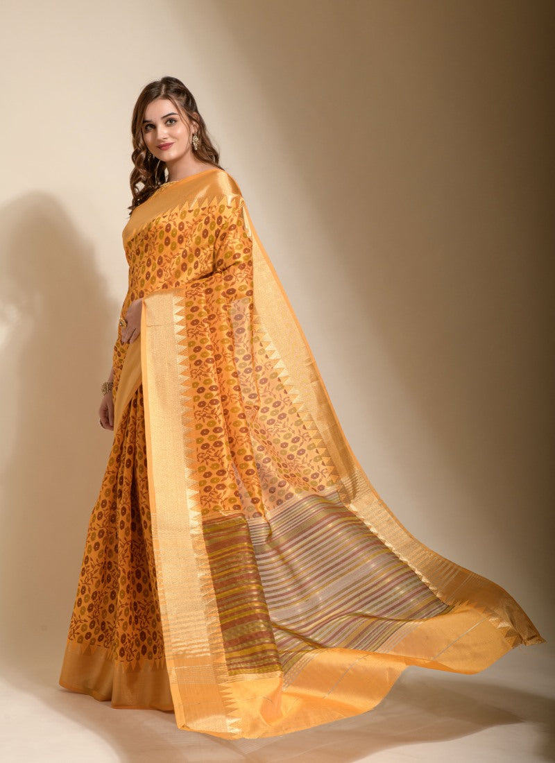 Yellow Silk Saree With Hand Block Print