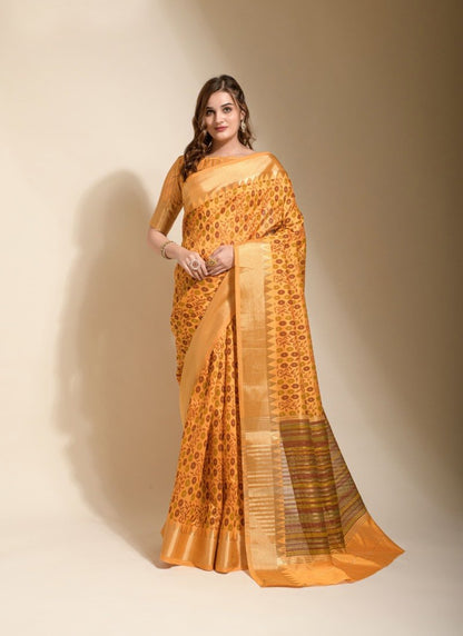 Yellow Silk Saree With Hand Block Print-2