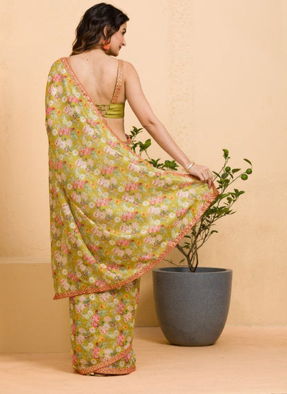 Olive Green Chinon Floral Print Saree With Mirror Lace Work-2