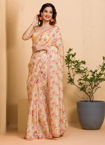 Peach Chinon Floral Print Saree With Mirror Lace Work