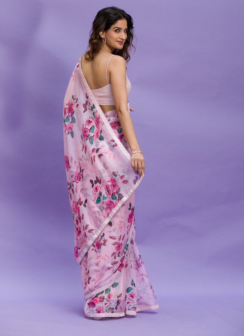 Pink Chinon Floral Print Saree-2