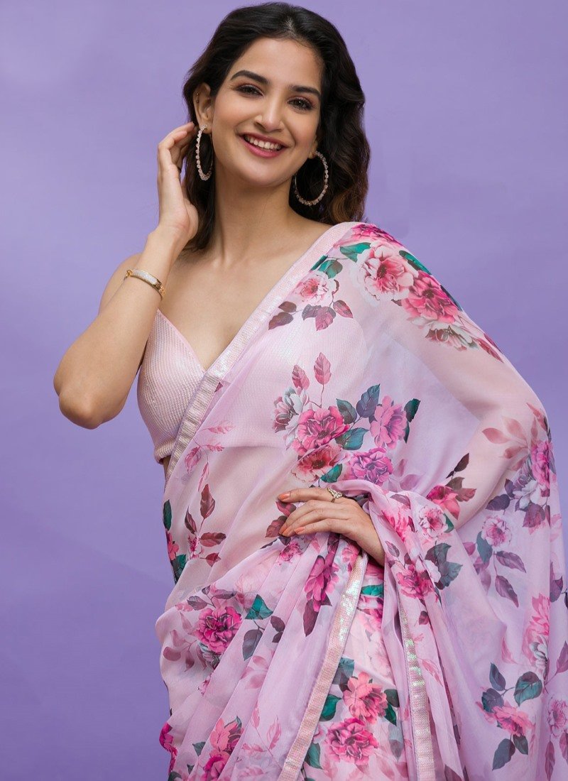 Pink Chinon Floral Print Saree-2