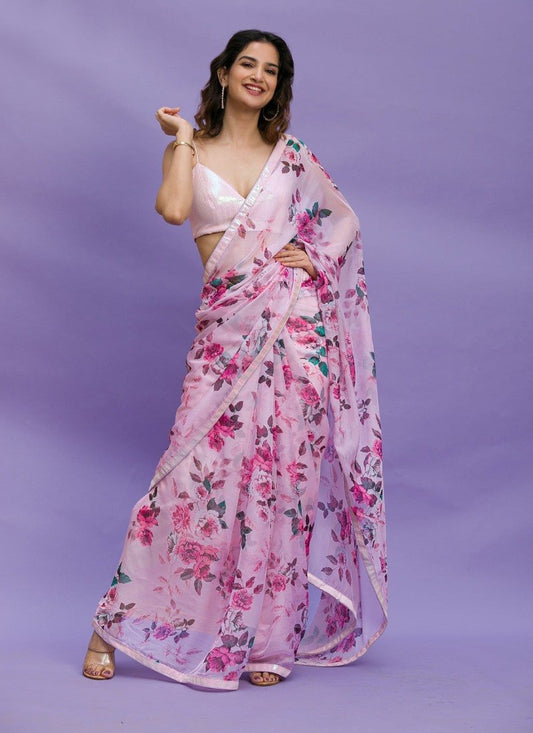 Pink Chinon Floral Print Saree