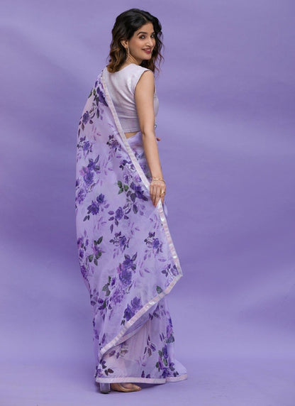 Blue Chinon Floral Print Saree-2