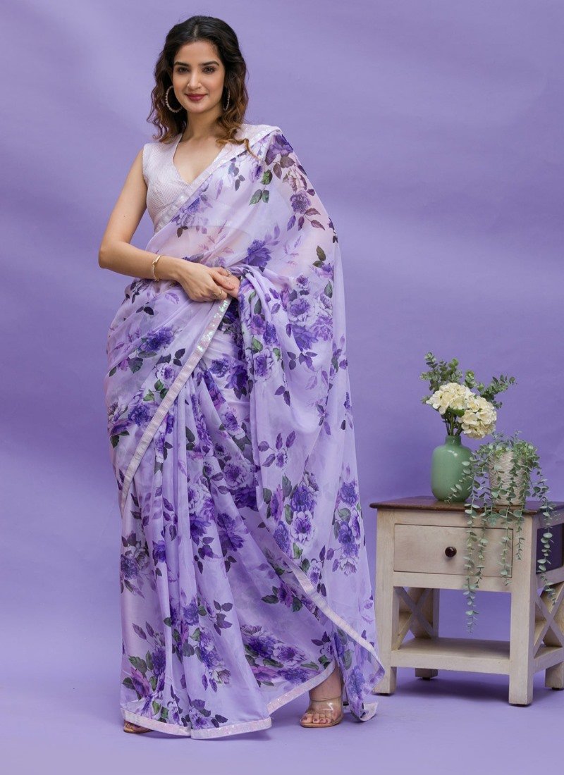 Blue Chinon Floral Print Saree-2