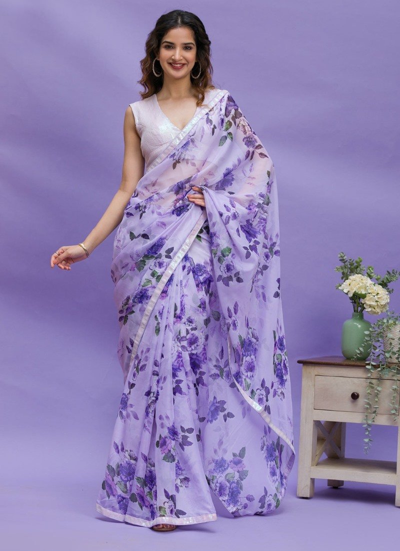 Blue Chinon Floral Print Saree