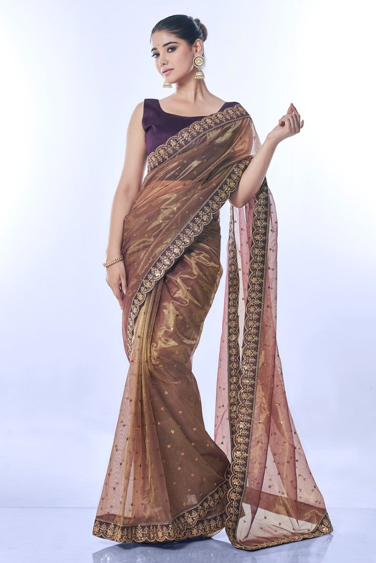 Brown Party Wear Saree With Heavy Border Lace Work