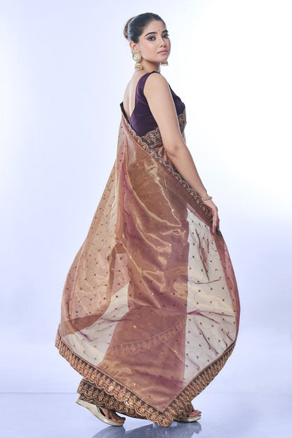 Brown Party Wear Saree With Heavy Border Lace Work