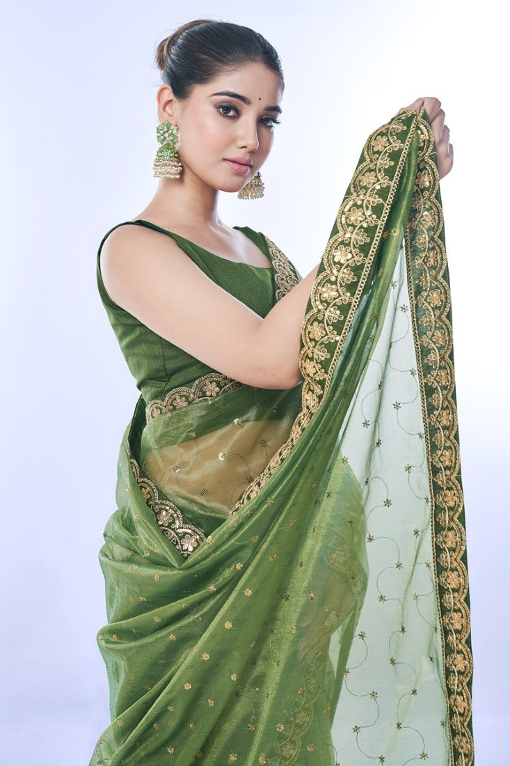 Green Party Wear Saree With Heavy Border Lace Work