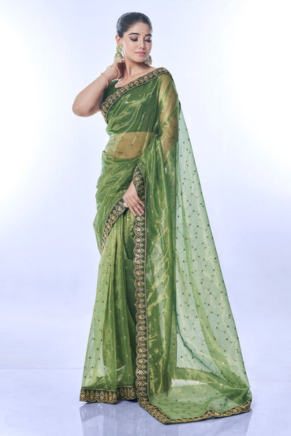 Green Party Wear Saree With Heavy Border Lace Work