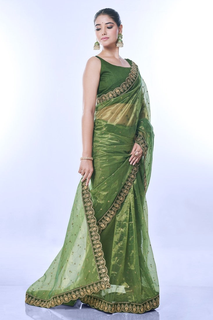 Green Party Wear Saree With Heavy Border Lace Work