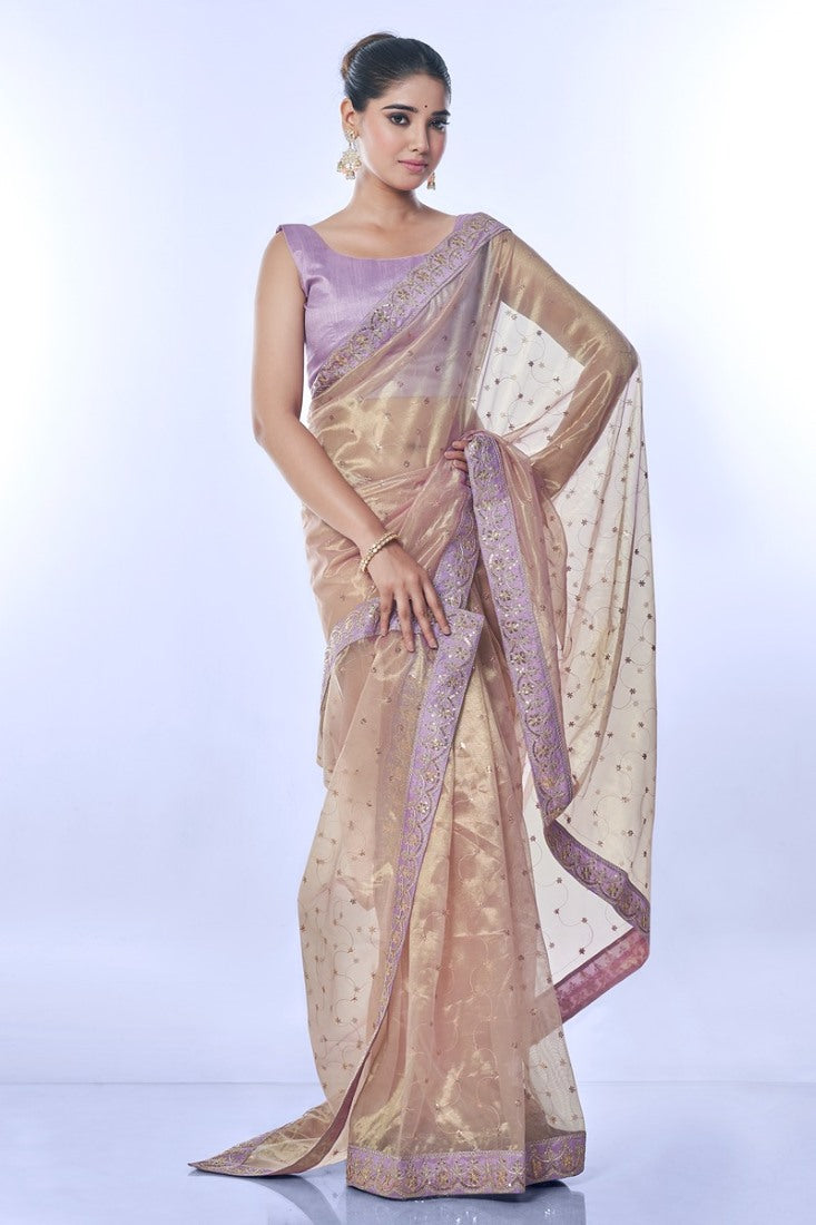 Levender  Party Wear Saree With Heavy Border Lace Work