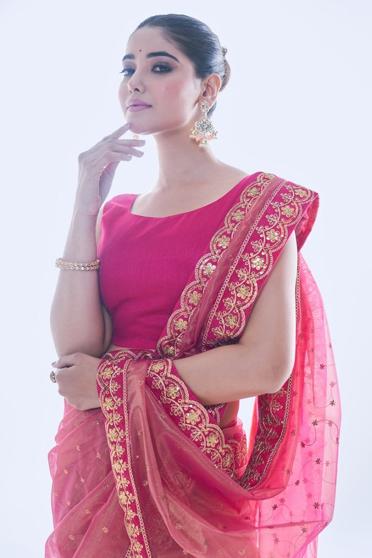 Magenta Party Wear Saree With Heavy Border Lace Work